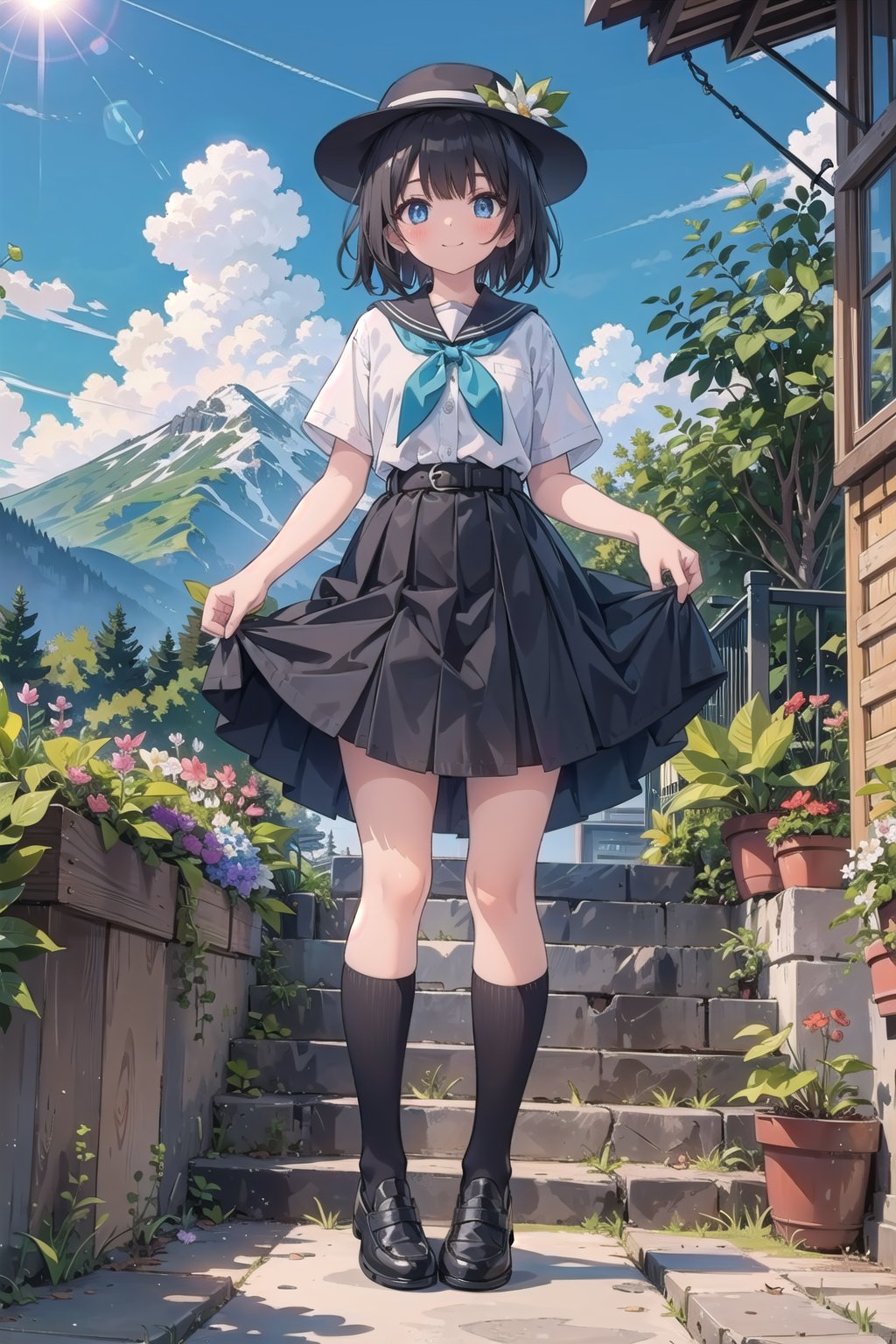 (masterpiece), 1girl, solo, outdoors, skirt, blue eyes, socks, stairs, sun, hat, mountain, shirt, blush, skirt hold, shoes, looking at viewer, black socks, black skirt, sky, black hair, day, white shirt, loafers, bangs, belt, black footwear, full body, cloud, short hair, standing, kneehighs, blue sky, black belt, flower, plant, tree, high-waist skirt, hat flower, smile