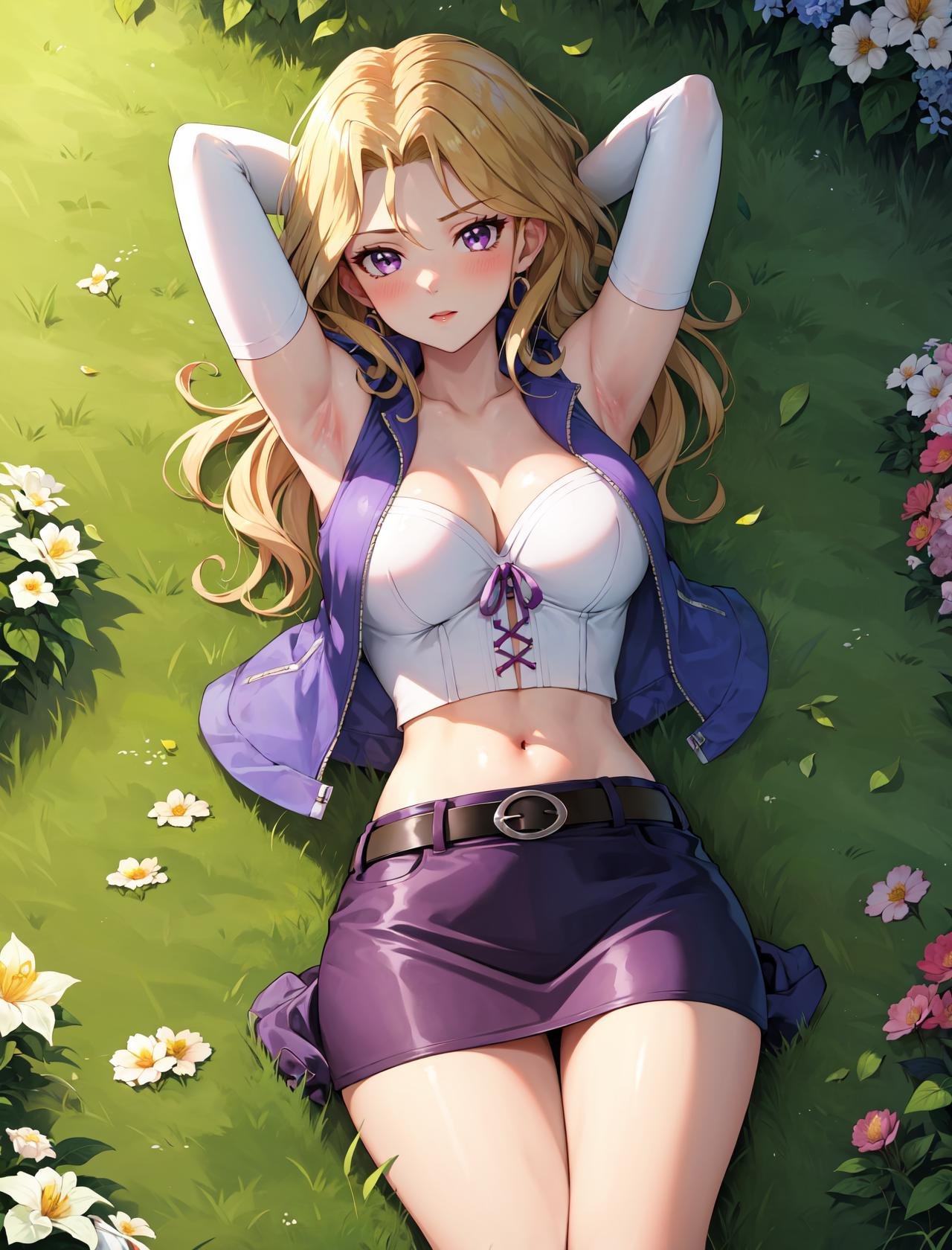 masterpiece, best quality, outdoors, grass, field, flower field, 1girl, solo, looking at viewer, lying, on back, blonde hair, purple eyes, breasts, blush, skirt, long hair, large breasts, elbow gloves, white gloves, navel, cleavage, detached sleeves, midriff, belt, vest, crop top, bustier, arms behind head, armpits, presenting armpits, <lora:LoRA_Mai:1>