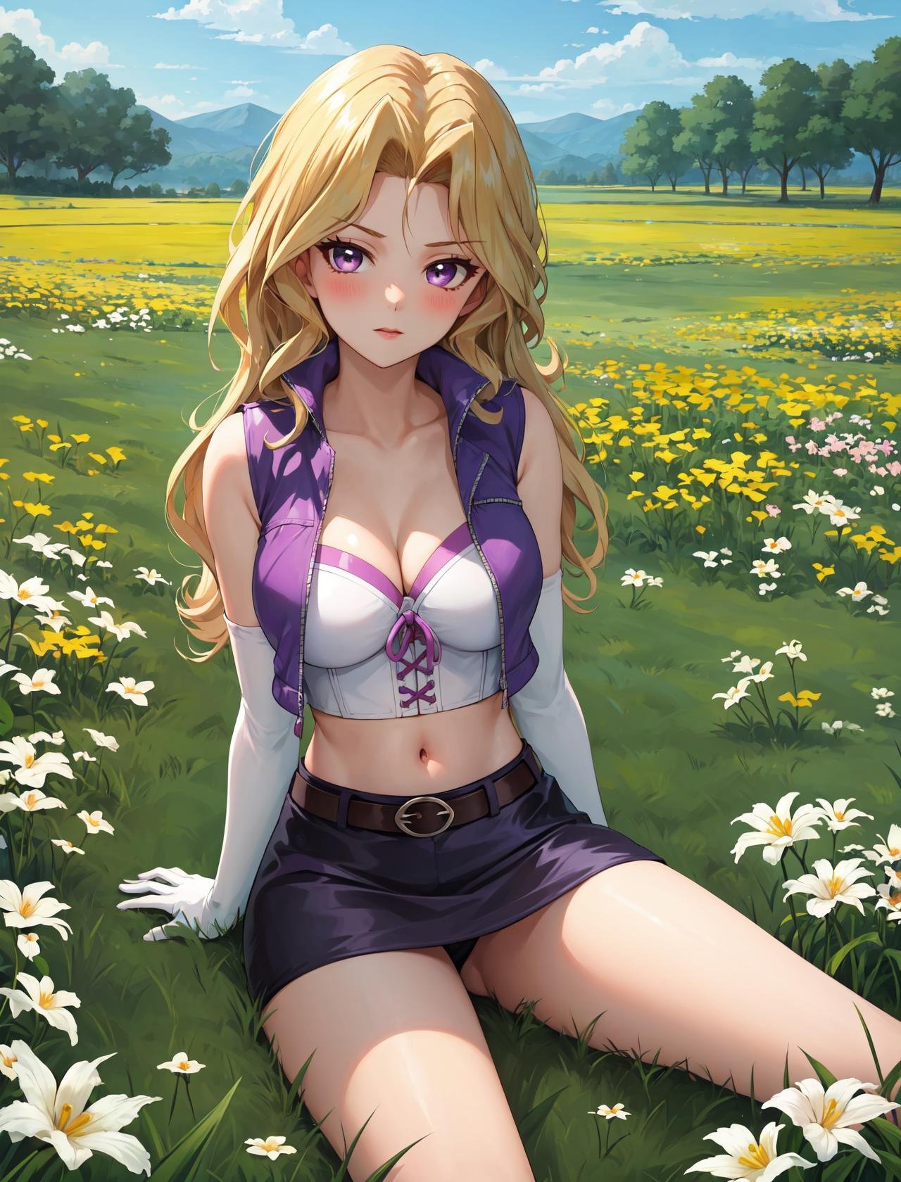 masterpiece, best quality, outdoors, grass, field, flower field, 1girl, solo, looking at viewer, sitting, blonde hair, purple eyes, breasts, blush, skirt, long hair, large breasts, elbow gloves, white gloves, navel, cleavage, detached sleeves, midriff, belt, vest, crop top, bustier, arms behind back,<lora:LoRA_Mai:1>