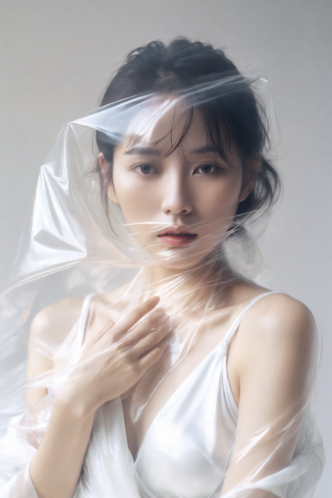  a white image shows a woman covering herself with plastic, in the style of soft focus romanticism, fashion bazaar style, artwork by haruna kikuchi, clean, translucent, abstraction création, uhd image