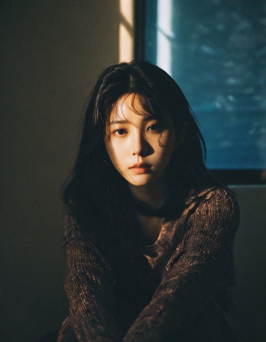  a young woman,looking at the camera,posing,ulzzang,naver fanpop,ffffound,streaming on twitch,character album cover,blues moment,style of Alessio Albi,daily wear,moody lighting,appropriate comparison of cold and warm,reality,
