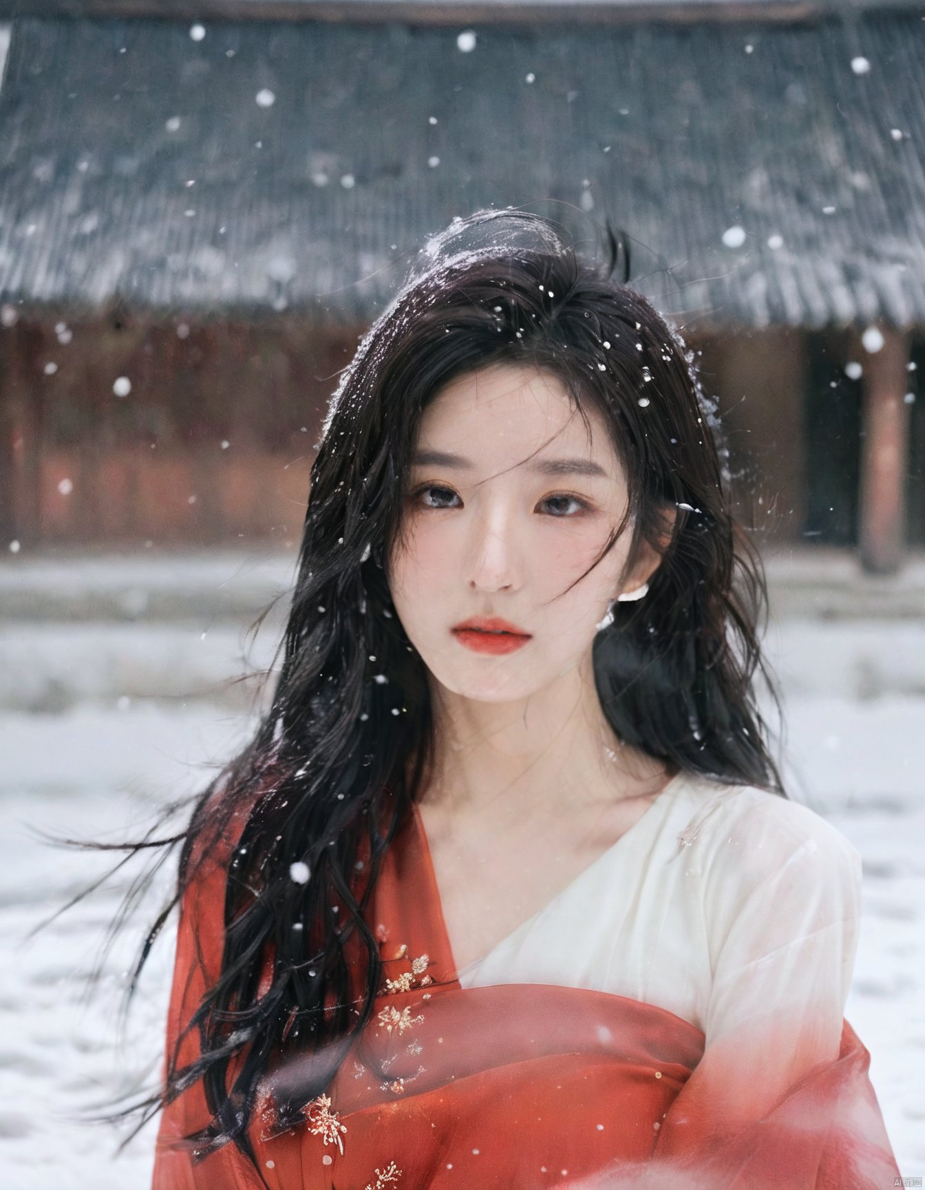 cinematic photo ,Best quality , (masterpiece:1.2) , cinematic photo,1girl,A beautiful girl in red hanfu, Standing in the wind andsnow, long hair blown by the wind,snow in the sky , upperbody,snowing,snowy day,in winter ,motion blur ,(sad:1.1),(crying:1.1),close-up,(tears:1.1),(face focus:1.1),(close mouth:1.1),front view ,35mm photograph, film, bokeh, professional, 4k, highly detailed,helgirls