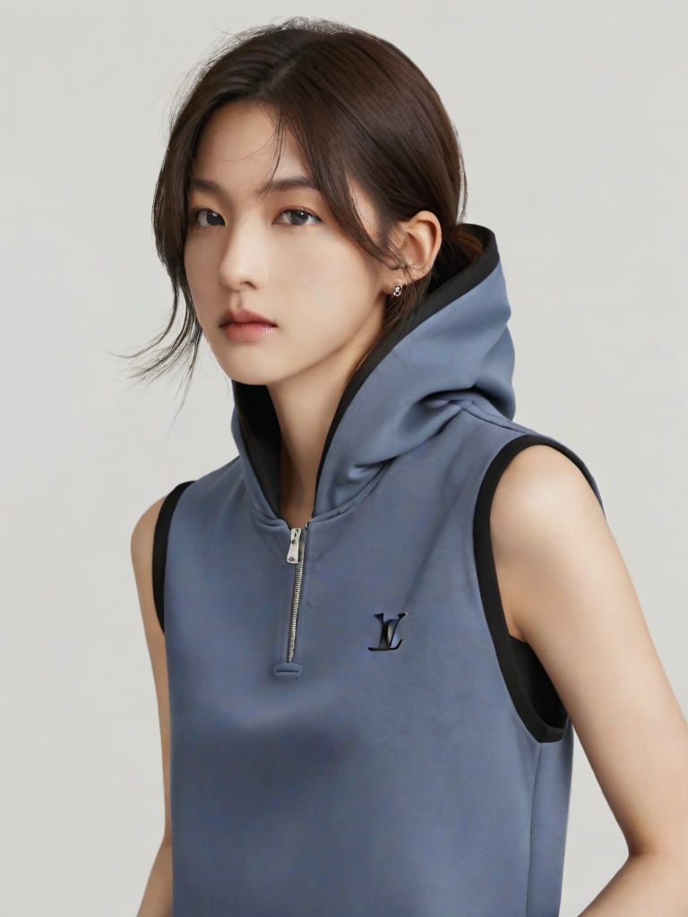 breathtaking Louis Vuitton (Louis Vuitton) style, design by Vera Wang (王薇薇), a woman is standing in the simple background, sleeveless_hoodie, upper_body, looking_at_viewer . award-winning, professional, highly detailed