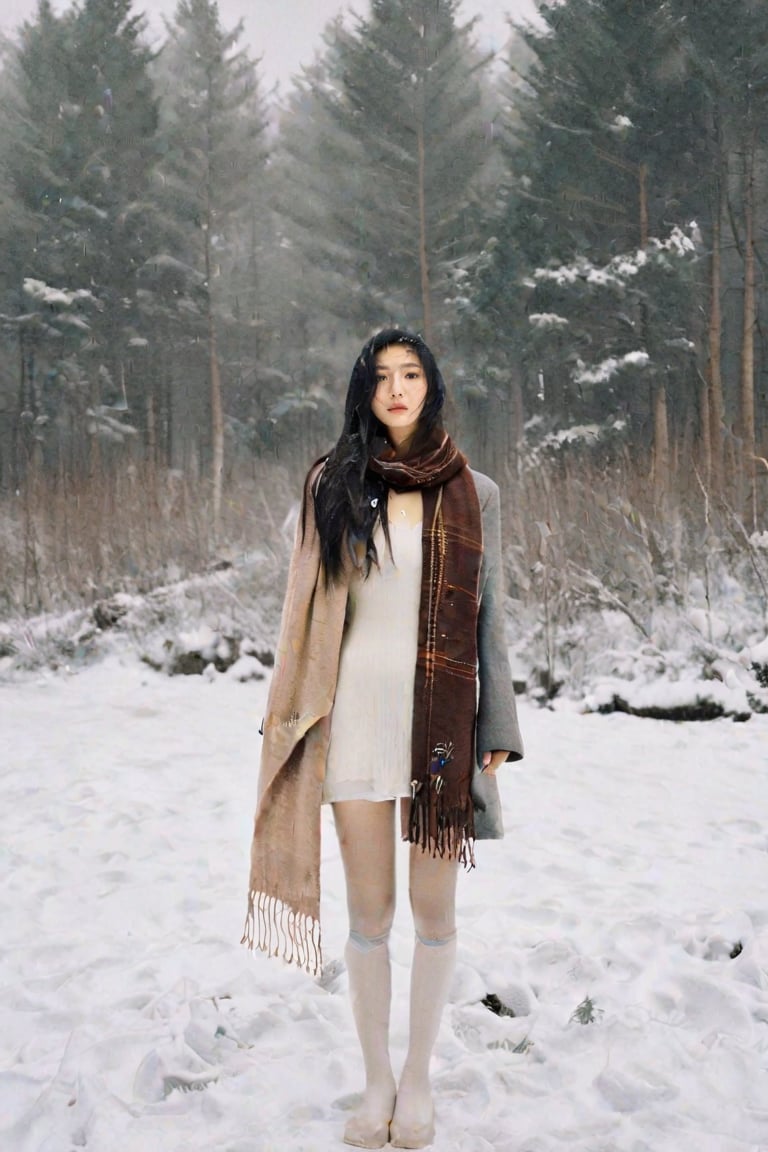  a Chinese girl standing in the snow with a scarf, white pantyhose, album cover,forest in background,atmospheric and depressed,film,longcoat,best shot, reality,