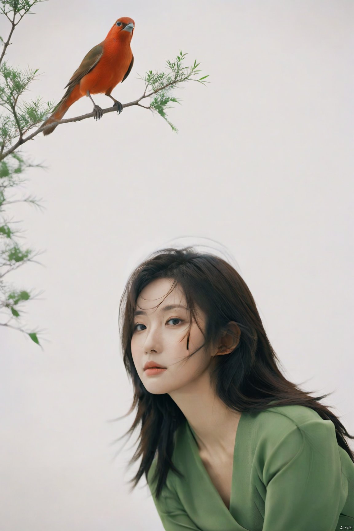  young girl on the branch of tree with birds and a bird sitting on top of it, in the style of japanese minimalism, beautiful and exquisite face, photo-realistic hyperbole, light green and red, formalist aesthetics, uniformly staged images, fashion photography, oversized objects,1girl