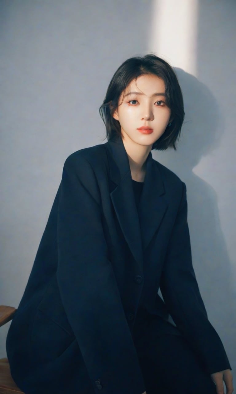 a young woman,looking at the camera,posing,ulzzang,naver fanpop,ffffound,streaming on twitch,character album cover,blues moment,style of Alessio Albi,daily wear,moody lighting,appropriate comparison of cold and warm,reality,