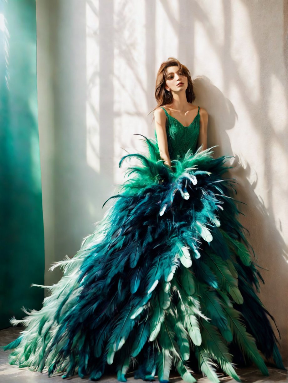  1girl,a gorgeous long dress made of feathers,green feather,huge feathers,complex background,beautiful background,(feathers everywhere:1.3),depth of field level,
