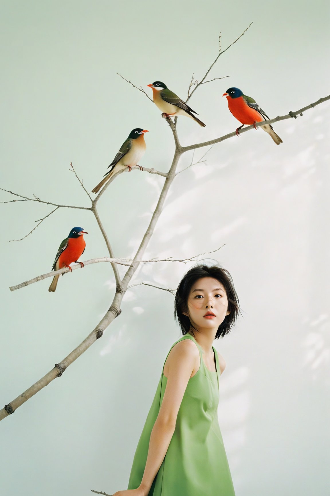  young girl on the branch of tree with birds and a bird sitting on top of it, in the style of japanese minimalism, beautiful and exquisite face, photo-realistic hyperbole, light green and red, formalist aesthetics, uniformly staged images, fashion photography, oversized objects,1girl