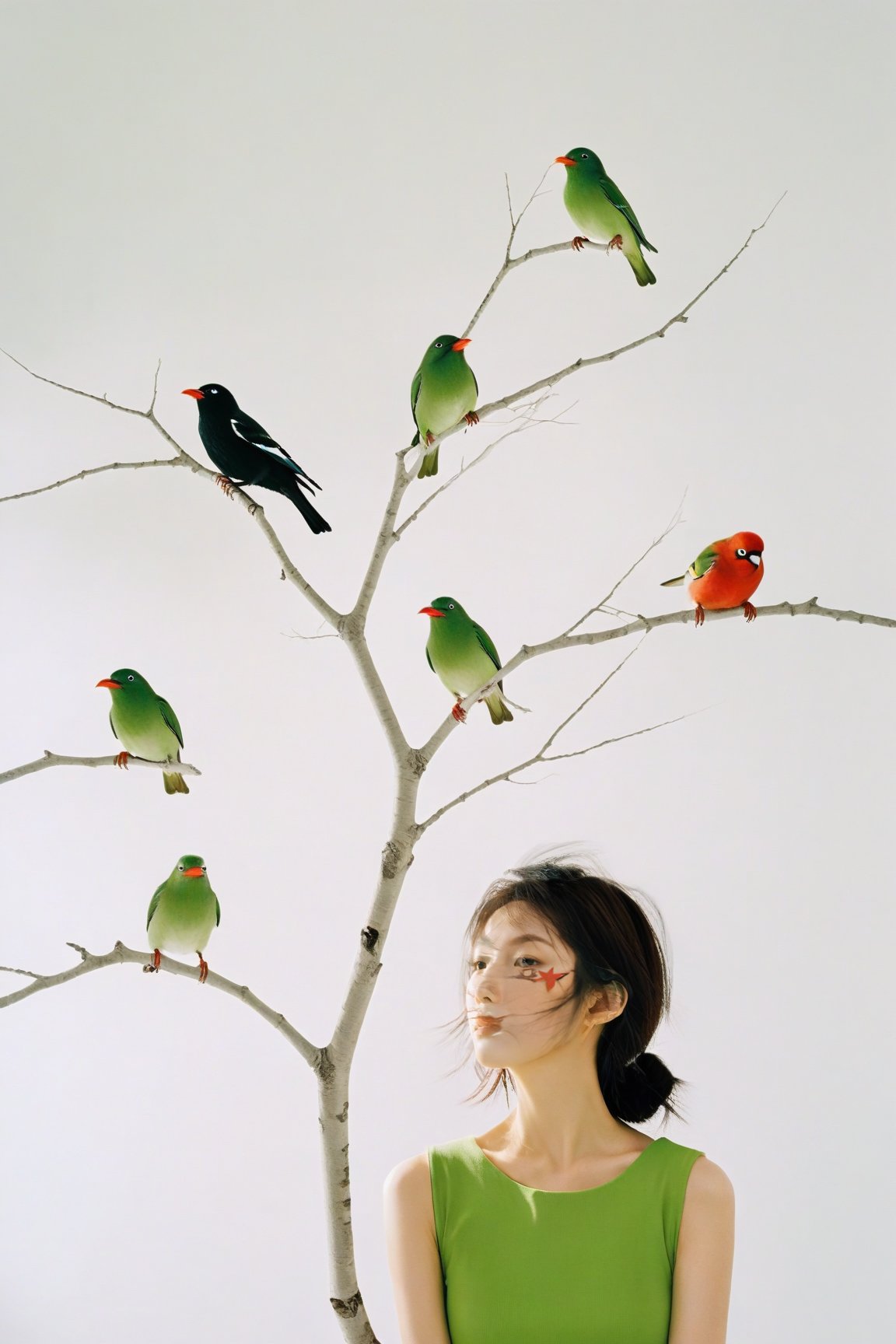  young girl on the branch of tree with birds and a bird sitting on top of it, in the style of japanese minimalism, beautiful and exquisite face, photo-realistic hyperbole, light green and red, formalist aesthetics, uniformly staged images, fashion photography, oversized objects,1girl