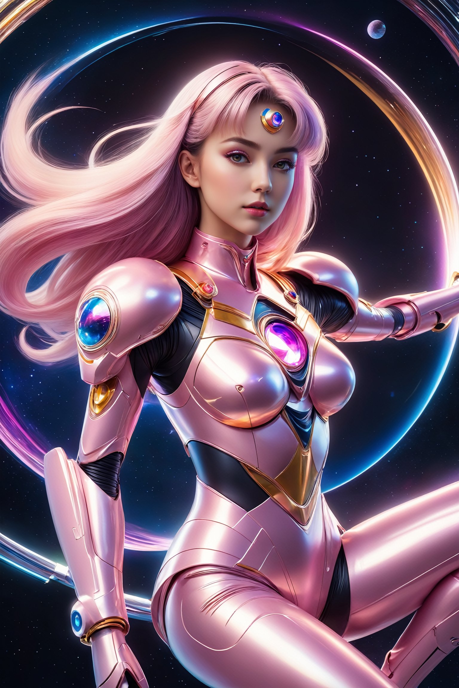 (wide_angle _view, full_body_shot), (zero gravity, weightlessness, floating in space, floating_hair), Beautiful sailor moon saturn in a pink reflective robotic suit, cyborg style, Xenia Tchoumitcheva/Franziska Knuppe hybrid, (in space, stars, space battle, starships, light rails, light particles), 8k resolution concept art portrait by Greg Rutkowski, Artgerm, WLOP, random neon holographic, prismatic, dynamic lighting hyperdetailed intricately detailed Splash art trending on Artstation Unreal Engine 5 volumetric lighting golden ratio dynamic lighting retrofuturism cyberpunk 8k resolution synthwave vaporwave solarpunk futuristic retrofuturism, ,bingnvwang