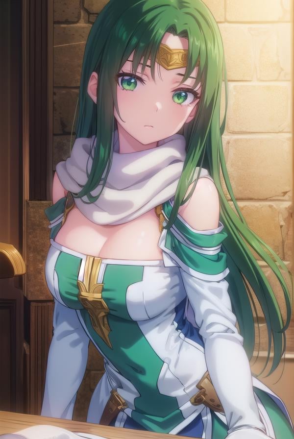 marisamarilis, <lora:maris amarilis-lora-nochekaiser:1>,maris amarilis, long hair, (green eyes:1.5), green hair, circlet,BREAK gloves, fingerless gloves, dress, white dress, capelet, cape, scarf, white scarf, long sleeves,BREAK indoors, castle,BREAK looking at viewer, (cowboy shot:1.5),BREAK <lyco:GoodHands-beta2:1>, (masterpiece:1.2), best quality, high resolution, unity 8k wallpaper, (illustration:0.8), (beautiful detailed eyes:1.6), extremely detailed face, perfect lighting, extremely detailed CG, (perfect hands, perfect anatomy),