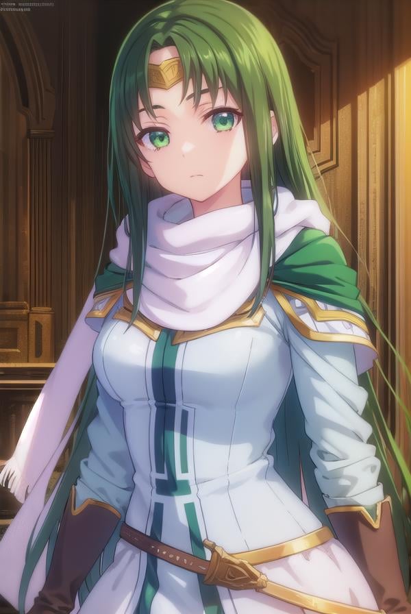 marisamarilis, <lora:maris amarilis-lora-nochekaiser:1>,maris amarilis, long hair, (green eyes:1.5), green hair, circlet,BREAK gloves, fingerless gloves, dress, white dress, capelet, cape, scarf, white scarf, long sleeves,BREAK indoors, castle,BREAK looking at viewer, (cowboy shot:1.5),BREAK <lyco:GoodHands-beta2:1>, (masterpiece:1.2), best quality, high resolution, unity 8k wallpaper, (illustration:0.8), (beautiful detailed eyes:1.6), extremely detailed face, perfect lighting, extremely detailed CG, (perfect hands, perfect anatomy),