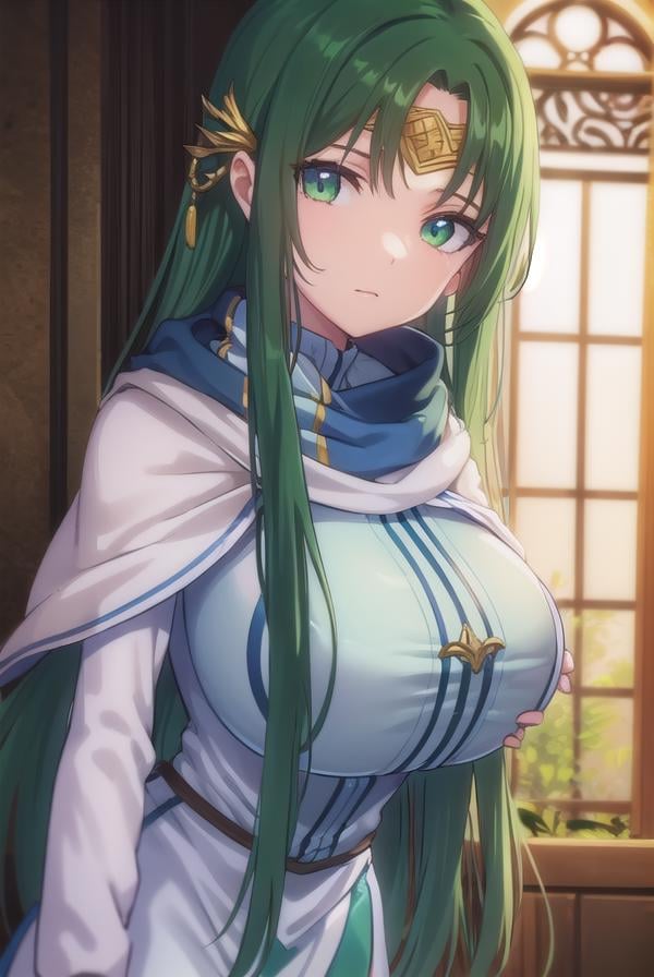 marisamarilis, <lora:maris amarilis-lora-nochekaiser:1>,maris amarilis, long hair, (green eyes:1.5), green hair, circlet,BREAK gloves, fingerless gloves, dress, white dress, capelet, cape, scarf, white scarf, long sleeves,BREAK indoors, castle,BREAK looking at viewer, (cowboy shot:1.5),BREAK <lyco:GoodHands-beta2:1>, (masterpiece:1.2), best quality, high resolution, unity 8k wallpaper, (illustration:0.8), (beautiful detailed eyes:1.6), extremely detailed face, perfect lighting, extremely detailed CG, (perfect hands, perfect anatomy),