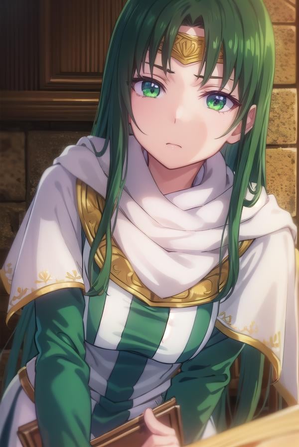 marisamarilis, <lora:maris amarilis-lora-nochekaiser:1>,maris amarilis, long hair, (green eyes:1.5), green hair, circlet,BREAK gloves, fingerless gloves, dress, white dress, capelet, cape, scarf, white scarf, long sleeves,BREAK indoors, castle,BREAK looking at viewer, (cowboy shot:1.5),BREAK <lyco:GoodHands-beta2:1>, (masterpiece:1.2), best quality, high resolution, unity 8k wallpaper, (illustration:0.8), (beautiful detailed eyes:1.6), extremely detailed face, perfect lighting, extremely detailed CG, (perfect hands, perfect anatomy),