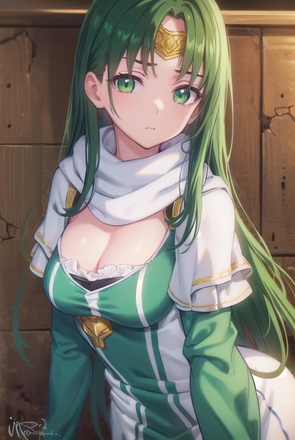 marisamarilis, <lora:maris amarilis-lora-nochekaiser:1>,maris amarilis, long hair, (green eyes:1.5), green hair, circlet,BREAK gloves, fingerless gloves, dress, white dress, capelet, cape, scarf, white scarf, long sleeves,BREAK indoors, castle,BREAK looking at viewer, (cowboy shot:1.5),BREAK <lyco:GoodHands-beta2:1>, (masterpiece:1.2), best quality, high resolution, unity 8k wallpaper, (illustration:0.8), (beautiful detailed eyes:1.6), extremely detailed face, perfect lighting, extremely detailed CG, (perfect hands, perfect anatomy),