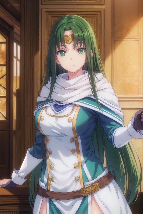 marisamarilis, <lora:maris amarilis-lora-nochekaiser:1>,maris amarilis, long hair, (green eyes:1.5), green hair, circlet,BREAK gloves, fingerless gloves, dress, white dress, capelet, cape, scarf, white scarf, long sleeves,BREAK indoors, castle,BREAK looking at viewer, (cowboy shot:1.5),BREAK <lyco:GoodHands-beta2:1>, (masterpiece:1.2), best quality, high resolution, unity 8k wallpaper, (illustration:0.8), (beautiful detailed eyes:1.6), extremely detailed face, perfect lighting, extremely detailed CG, (perfect hands, perfect anatomy),