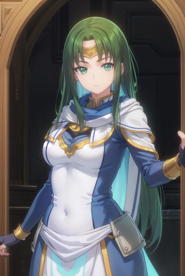 marisamarilis, <lora:maris amarilis-lora-nochekaiser:1>,maris amarilis, long hair, (green eyes:1.5), green hair, circlet,BREAK gloves, fingerless gloves, dress, white dress, capelet, cape, scarf, white scarf, long sleeves,BREAK indoors, castle,BREAK looking at viewer, (cowboy shot:1.5),BREAK <lyco:GoodHands-beta2:1>, (masterpiece:1.2), best quality, high resolution, unity 8k wallpaper, (illustration:0.8), (beautiful detailed eyes:1.6), extremely detailed face, perfect lighting, extremely detailed CG, (perfect hands, perfect anatomy),