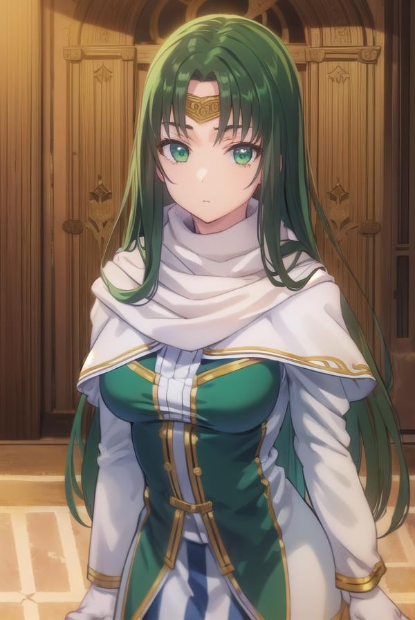 marisamarilis, <lora:maris amarilis-lora-nochekaiser:1>,maris amarilis, long hair, (green eyes:1.5), green hair, circlet,BREAK gloves, fingerless gloves, dress, white dress, capelet, cape, scarf, white scarf, long sleeves,BREAK indoors, castle,BREAK looking at viewer, (cowboy shot:1.5),BREAK <lyco:GoodHands-beta2:1>, (masterpiece:1.2), best quality, high resolution, unity 8k wallpaper, (illustration:0.8), (beautiful detailed eyes:1.6), extremely detailed face, perfect lighting, extremely detailed CG, (perfect hands, perfect anatomy),