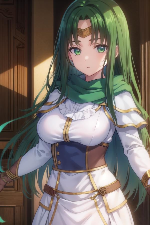 marisamarilis, <lora:maris amarilis-lora-nochekaiser:1>,maris amarilis, long hair, (green eyes:1.5), green hair, circlet,BREAK gloves, fingerless gloves, dress, white dress, capelet, cape, scarf, white scarf, long sleeves,BREAK indoors, castle,BREAK looking at viewer, (cowboy shot:1.5),BREAK <lyco:GoodHands-beta2:1>, (masterpiece:1.2), best quality, high resolution, unity 8k wallpaper, (illustration:0.8), (beautiful detailed eyes:1.6), extremely detailed face, perfect lighting, extremely detailed CG, (perfect hands, perfect anatomy),