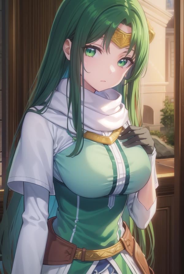 marisamarilis, <lora:maris amarilis-lora-nochekaiser:1>,maris amarilis, long hair, (green eyes:1.5), green hair, circlet,BREAK gloves, fingerless gloves, dress, white dress, capelet, cape, scarf, white scarf, long sleeves,BREAK indoors, castle,BREAK looking at viewer, (cowboy shot:1.5),BREAK <lyco:GoodHands-beta2:1>, (masterpiece:1.2), best quality, high resolution, unity 8k wallpaper, (illustration:0.8), (beautiful detailed eyes:1.6), extremely detailed face, perfect lighting, extremely detailed CG, (perfect hands, perfect anatomy),