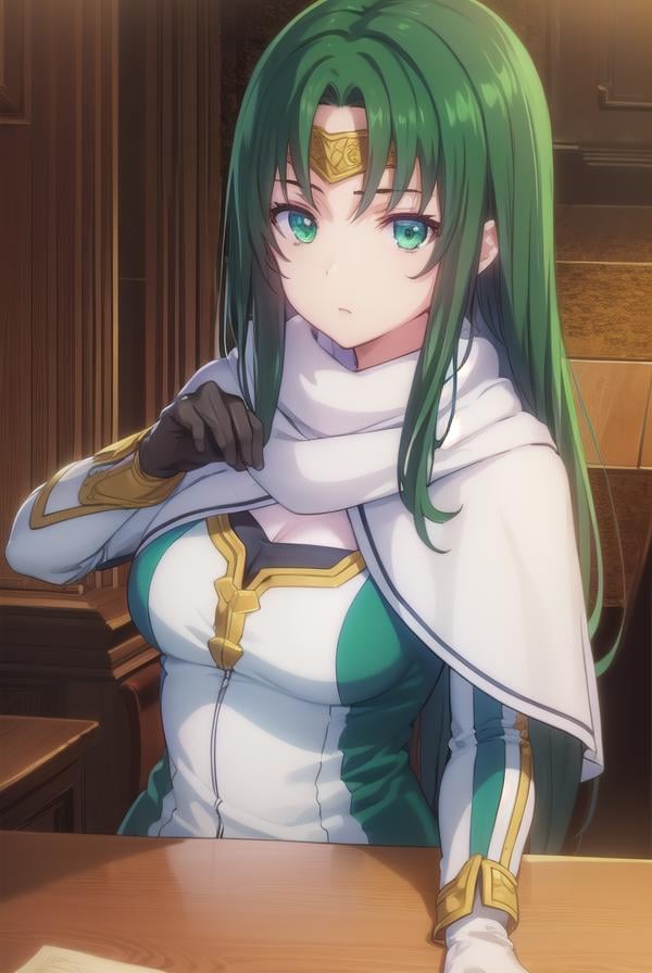 marisamarilis, <lora:maris amarilis-lora-nochekaiser:1>,maris amarilis, long hair, (green eyes:1.5), green hair, circlet,BREAK gloves, fingerless gloves, dress, white dress, capelet, cape, scarf, white scarf, long sleeves,BREAK indoors, castle,BREAK looking at viewer, (cowboy shot:1.5),BREAK <lyco:GoodHands-beta2:1>, (masterpiece:1.2), best quality, high resolution, unity 8k wallpaper, (illustration:0.8), (beautiful detailed eyes:1.6), extremely detailed face, perfect lighting, extremely detailed CG, (perfect hands, perfect anatomy),