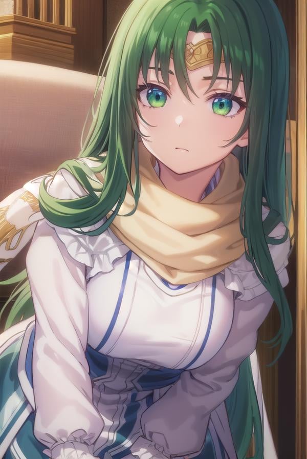 marisamarilis, <lora:maris amarilis-lora-nochekaiser:1>,maris amarilis, long hair, (green eyes:1.5), green hair, circlet,BREAK gloves, fingerless gloves, dress, white dress, capelet, cape, scarf, white scarf, long sleeves,BREAK indoors, castle,BREAK looking at viewer, (cowboy shot:1.5),BREAK <lyco:GoodHands-beta2:1>, (masterpiece:1.2), best quality, high resolution, unity 8k wallpaper, (illustration:0.8), (beautiful detailed eyes:1.6), extremely detailed face, perfect lighting, extremely detailed CG, (perfect hands, perfect anatomy),