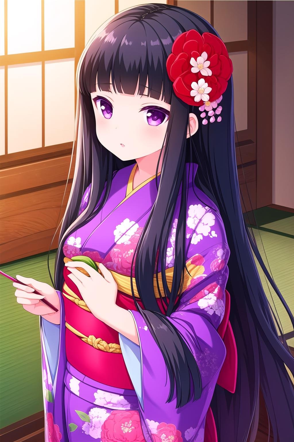 (masterpiece, best quality), highly detailed background, perfect lightingbest quality, shiranuiisuzu, solo, indoors, black hair, blunt bangs, hair flower, red flower, hair ornament, very long hair, purple eyes, purple kimono, floral print, <lora:GoodHands-vanilla:1>, japanese clothes, closed mouth, pink lips, <lora:Shiranui-Isuzu:0.7>