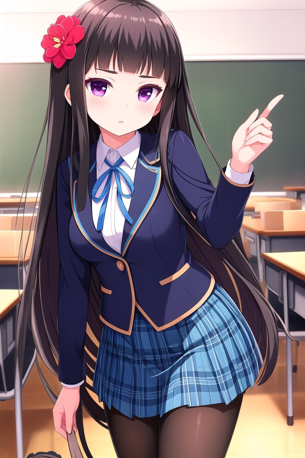 (masterpiece, best quality), highly detailed background, perfect lightingbest quality, shiranuiisuzu, solo, indoors, classroom, black hair, blunt bangs, hair flower, red flower, hair ornament, very long hair, purple eyes, blue jacket, blazer, neck ribbon, blue ribbon, white shirt, <lora:GoodHands-vanilla:1>, blue skirt, plaid skirt, school uniform, grey pantyhose, closed mouth, pink lips, <lora:Shiranui-Isuzu:0.7>