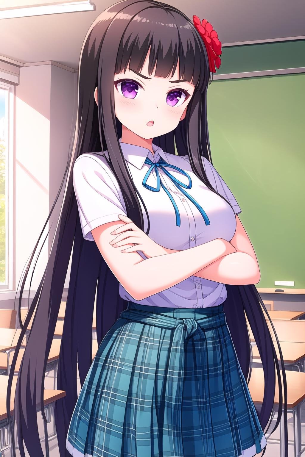 (masterpiece, best quality), highly detailed background, perfect lightingbest quality, shiranuiisuzu, solo, indoors, classroom, black hair, blunt bangs, hair flower, red flower, hair ornament, very long hair, v-shaped eyebrows, purple eyes, neck ribbon, blue ribbon, white shirt, <lora:GoodHands-vanilla:1>, crossed arms, sweater around waist, green sweater, blue skirt, plaid skirt, school uniform, grey pantyhose, open mouth, >:o, pink lips, <lora:Shiranui-Isuzu:0.7>