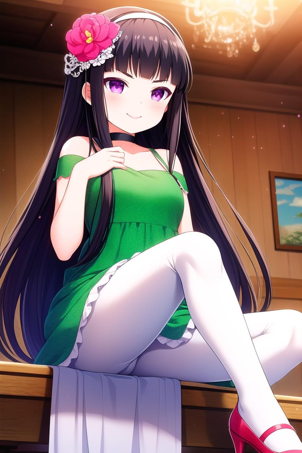 (masterpiece, best quality), highly detailed background, perfect lightingbest quality, shiranuiisuzu, solo, indoors, black hair, blunt bangs, hairband, hair flower, curly hair, very long hair, v-shaped eyebrows, purple eyes, choker, green dress, <lora:GoodHands-vanilla:1>, white pantyhose, red footwear, smile, closed mouth, >:), pink lips, <lora:Shiranui-Isuzu:0.7>