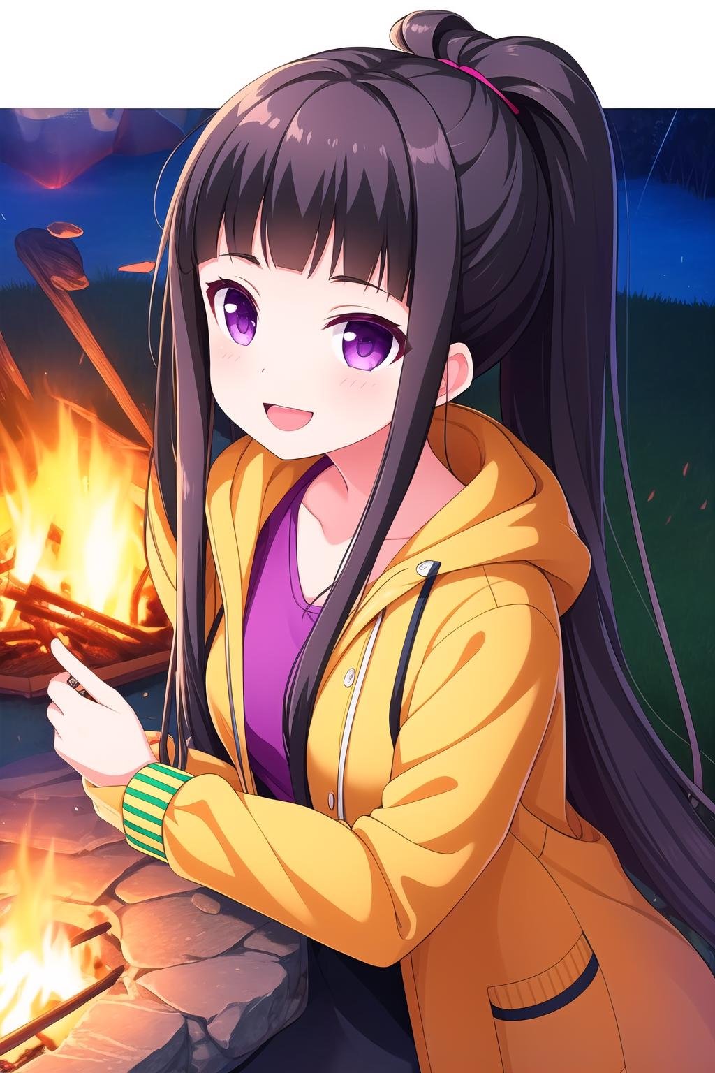 (masterpiece, best quality), highly detailed background, perfect lightingbest quality, shiranuiisuzu, solo, outdoors, night, campfire, black hair, blunt bangs, ponytail, very long hair, purple eyes, yellow coat, yellow jacket, purple shirt, <lora:GoodHands-vanilla:1>, blue skirt, pencil skirt, smile, open mouth, :d, pink lips, <lora:Shiranui-Isuzu:0.7>