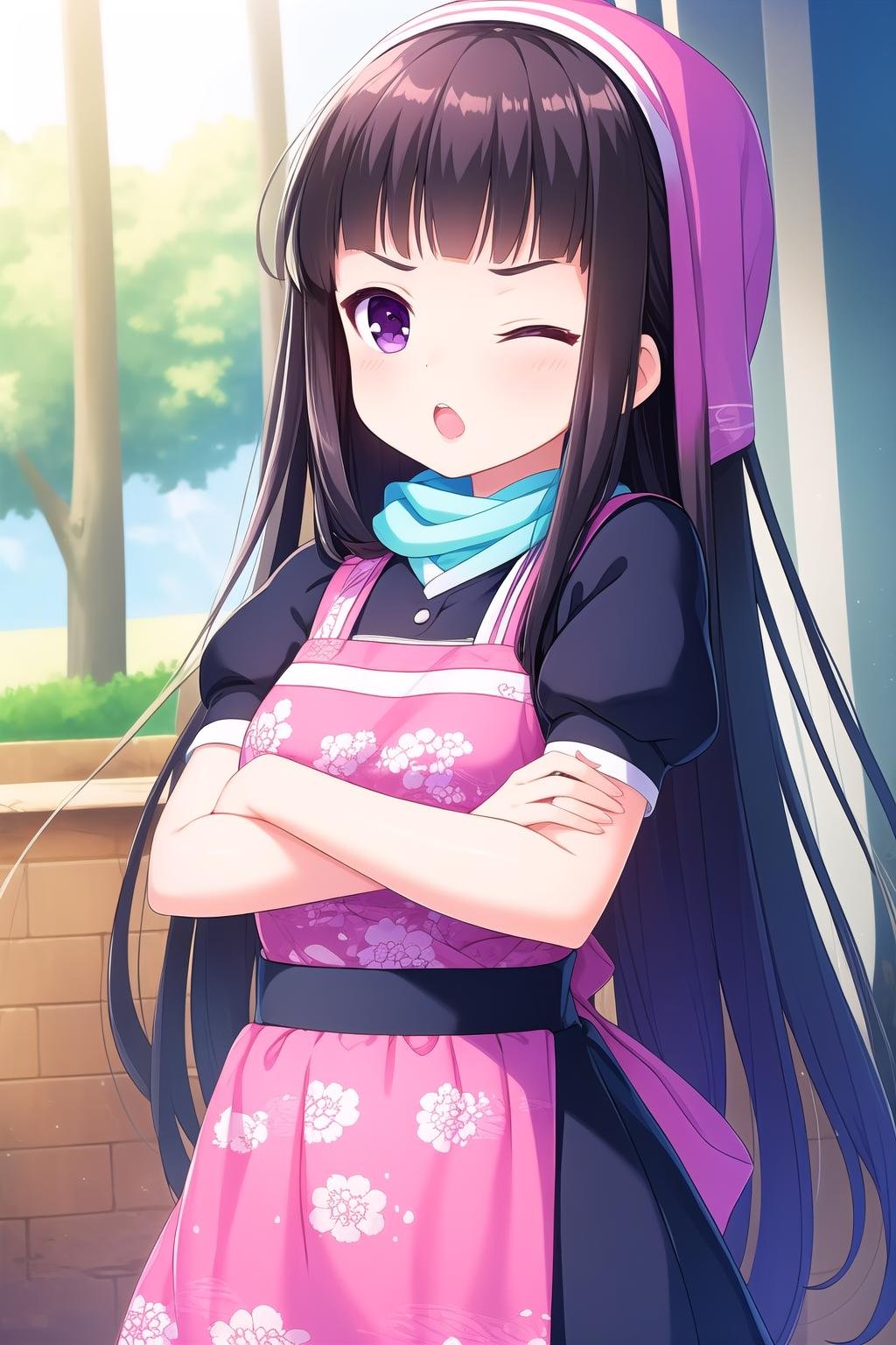 (masterpiece, best quality), highly detailed background, perfect lightingbest quality, shiranuiisuzu, solo, outdoors, head scarf, black hair, blunt bangs, very long hair, v-shaped eyebrows, one eye closed, purple eyes, dress, floral print, short sleeves, puffy sleeves, <lora:GoodHands-vanilla:1>, crossed arms, white apron, waist apron, traditional clothes, open mouth, >;o, pink lips, <lora:Shiranui-Isuzu:0.7>