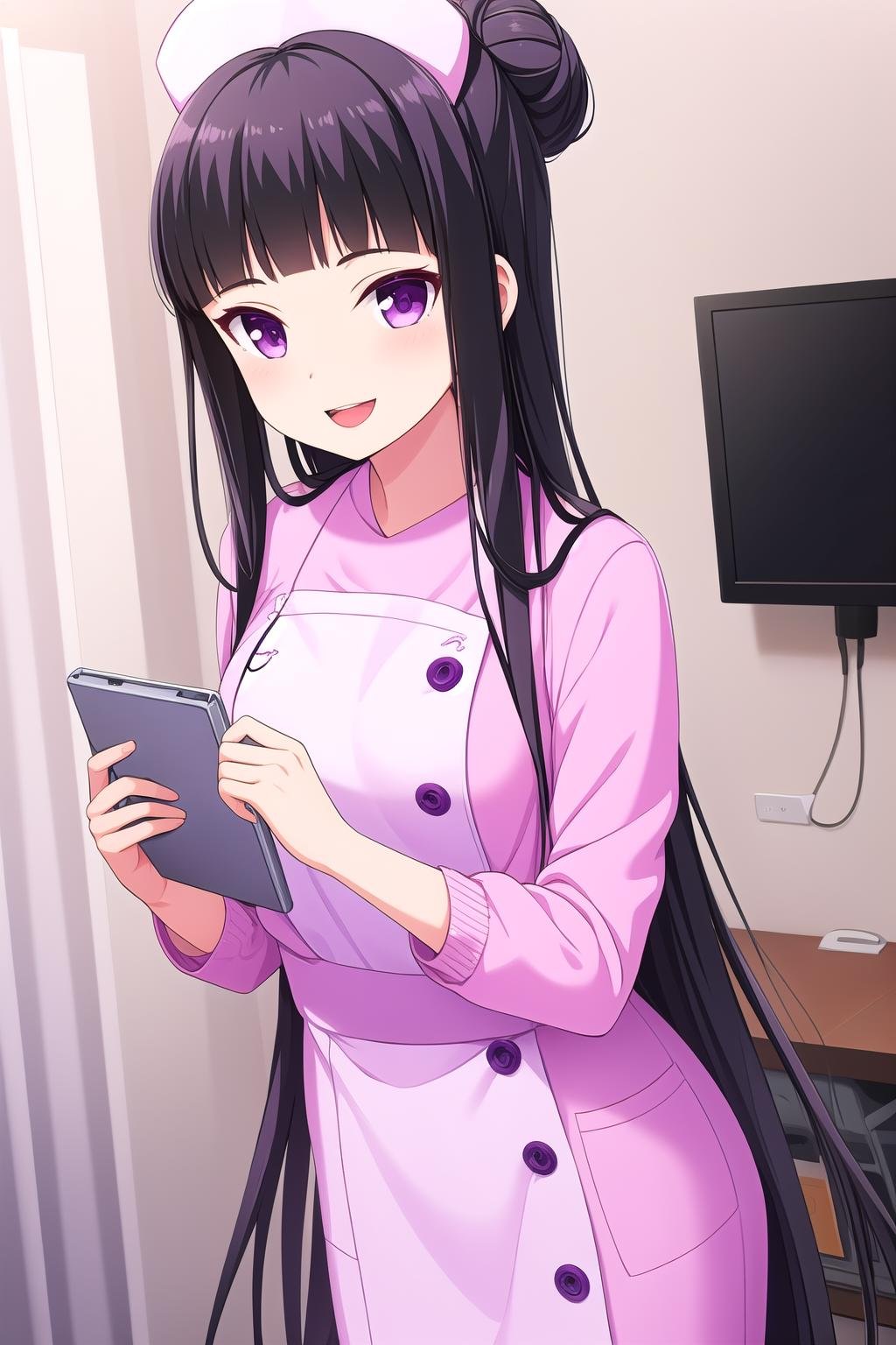 (masterpiece, best quality), highly detailed background, perfect lightingbest quality, shiranuiisuzu, solo, indoors, hospital, nurse, nurse cap, black hair, blunt bangs, hair bun, single hair bun, very long hair, purple eyes, purple jacket, white dress, <lora:GoodHands-vanilla:1>, smile, open mouth, :d, pink lips, <lora:Shiranui-Isuzu:0.7>