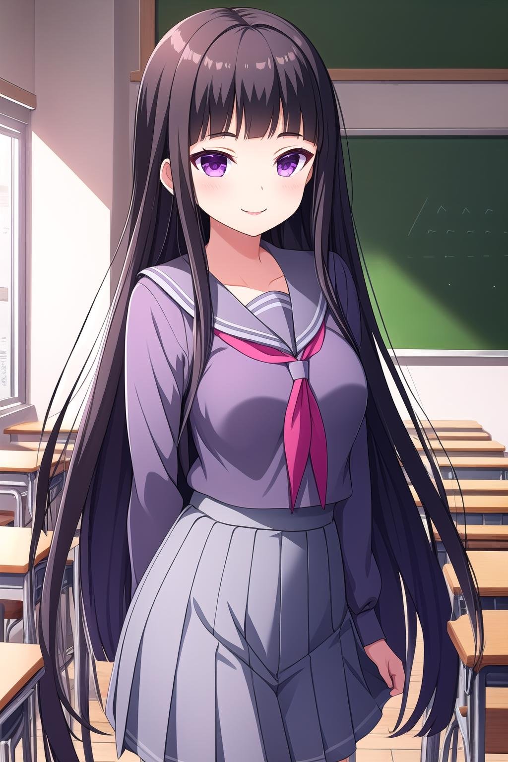 (masterpiece, best quality), highly detailed background, perfect lightingbest quality, shiranuiisuzu, solo, outdoors, classroom, black hair, blunt bangs, very long hair, purple eyes, grey serafuku, grey shirt, red sailor collar, <lora:GoodHands-vanilla:1>, grey skirt, pleated skirt, school uniform, grey pantyhose, smile, closed mouth, :), pink lips, <lora:Shiranui-Isuzu:0.7>