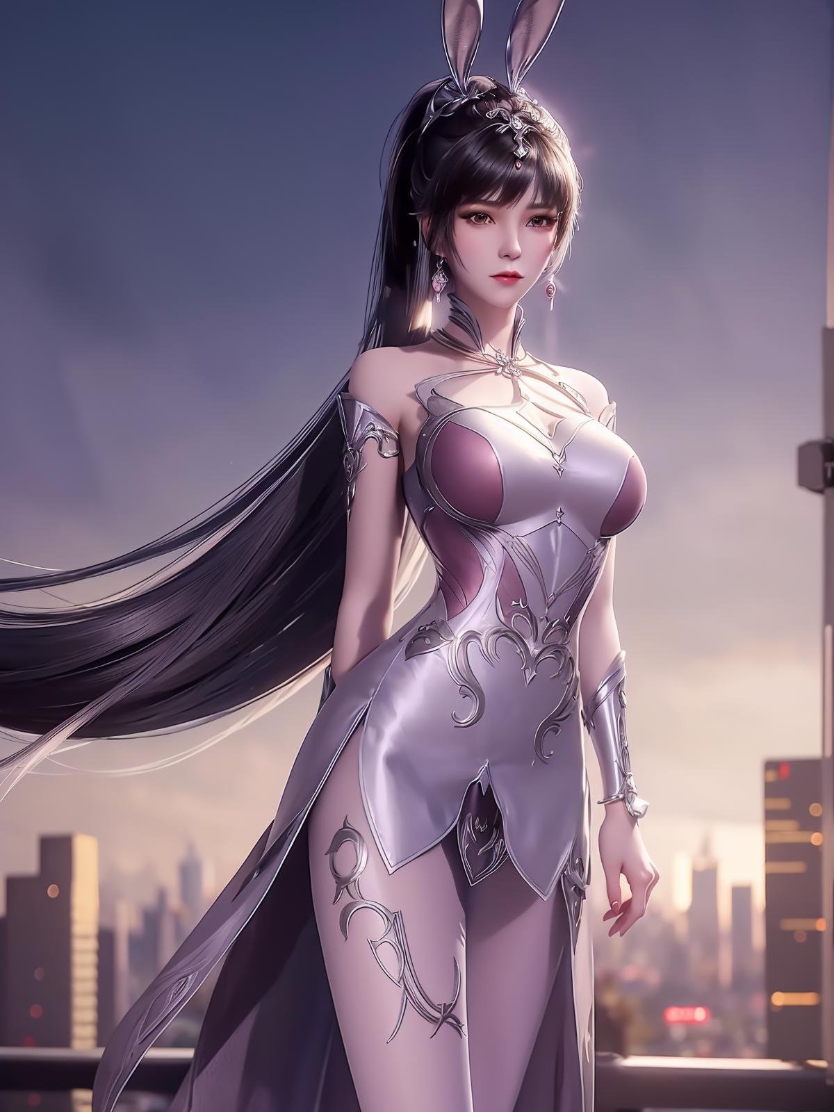 1girl,rabbit ears,long dress,long hair, hair ornament, ponytail, collar,metal collar,shiny,cityscape, night, looking at viewer, mature female,pantyhose,arms behind back,cowboy shot,<lora:XWdldl_20230723020005-000018:0.75>