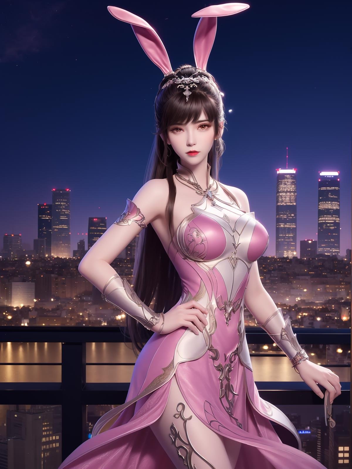 DLDLxiaowu, 1girl,solo, rabbit ears, pink dress, long hair, brown hair, hair ornament, ponytail, metal collar,wrist cuffs,looking at viewer,<lora:DLDLxiaowu:0.75>,mature female, cityscape, night, hand on hip,cowboy shot, 