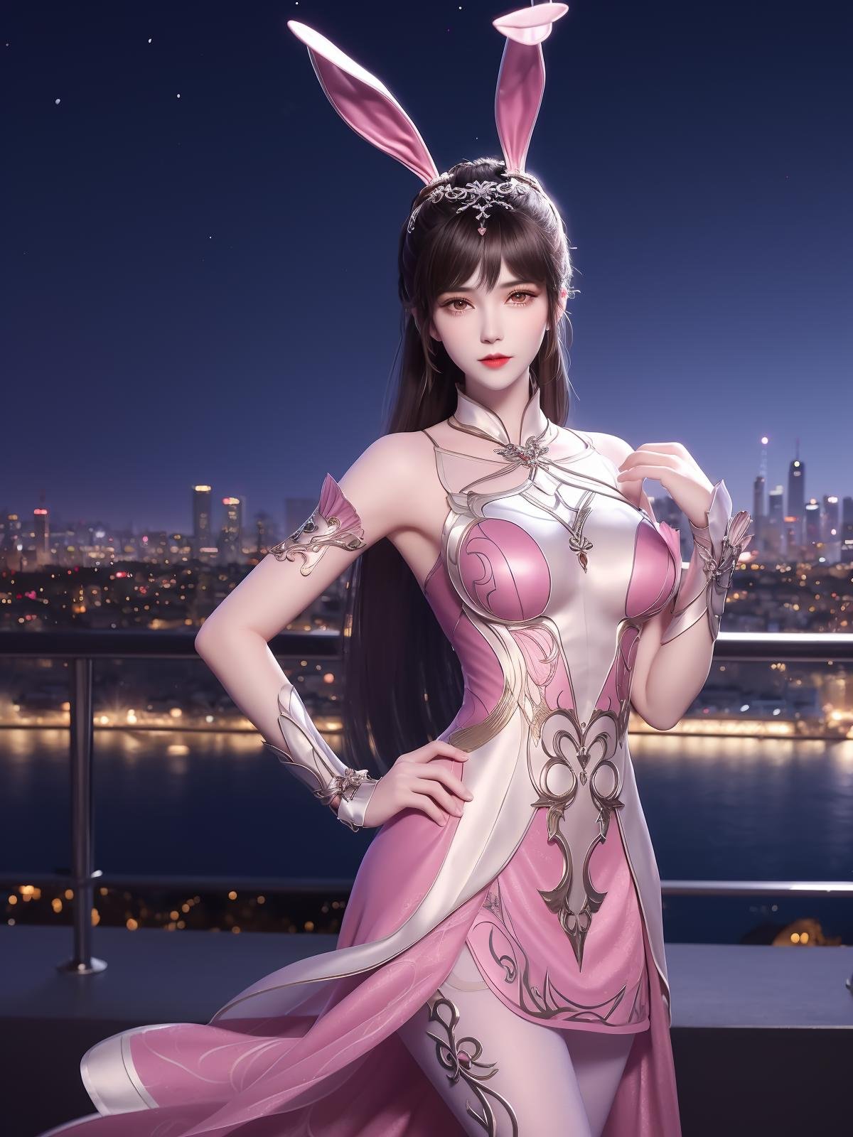 DLDLxiaowu, 1girl,solo, rabbit ears, pink dress, long hair, brown hair, hair ornament, ponytail, metal collar,pantyhose,wrist cuffs,looking at viewer,<lora:DLDLxiaowu:0.75>,mature female, cityscape, night, hand on hip,upper body, 