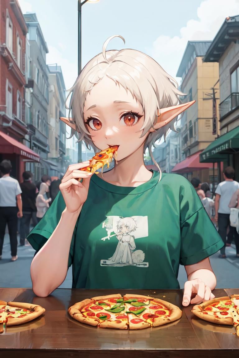 masterpiece, best quality, absurdres, Sylphiette, short hair, ahoge, t-shirt, eating, table, upper body, pizza, happy, lamp, outdoors, street, lamppost, <lora:Sylphiette:1>