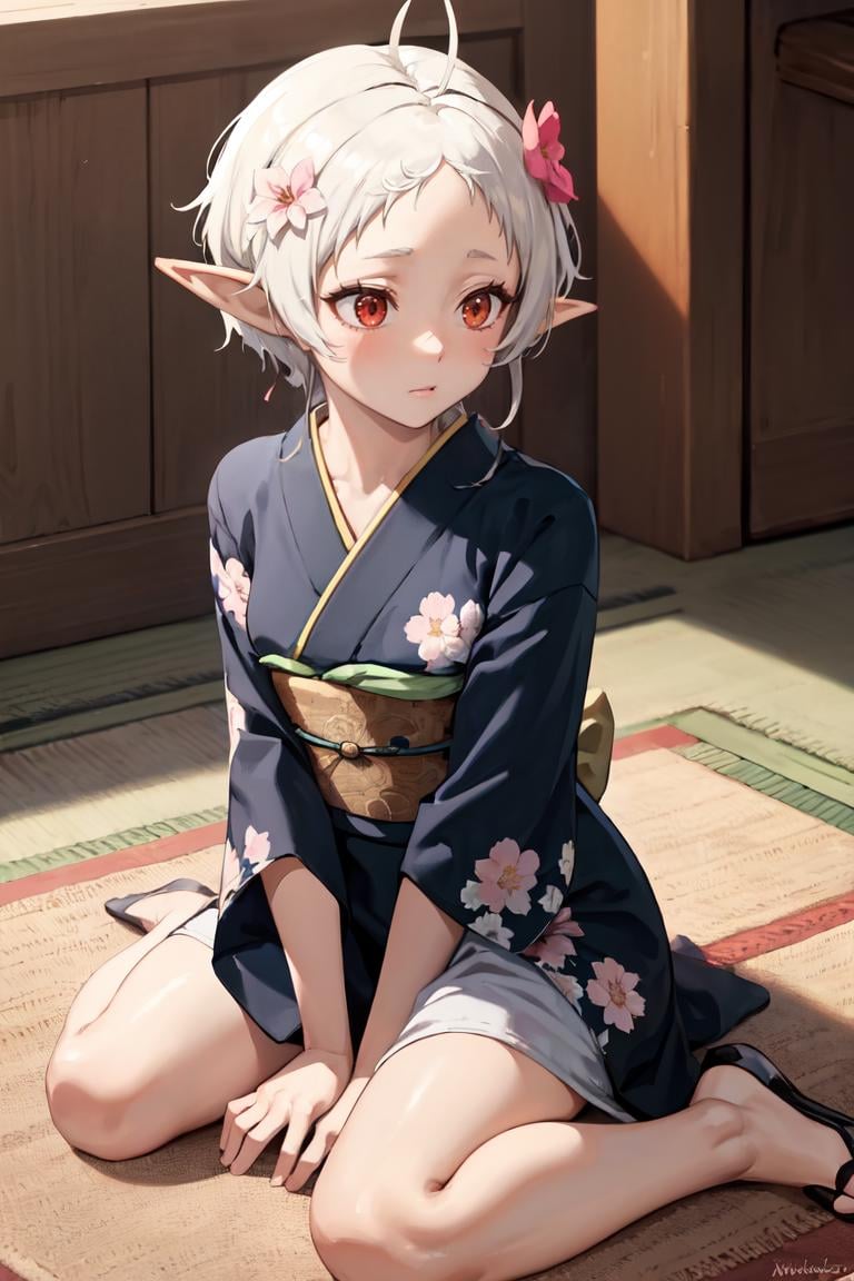 masterpiece, best quality, absurdres, Sylphiette, short hair, ahoge, indoors, kimono, hair flower, floral print, wariza, sitting, hands on own knees, <lora:Sylphiette:1>