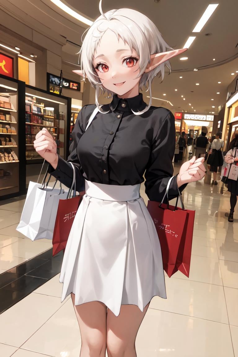 masterpiece, best quality, absurdres, Sylphiette, short hair, ahoge, high-waist skirt, long skirt, white skirt, black shirt, long sleeves, smile, standing, indoors, shopping mall, <lora:Sylphiette:1>