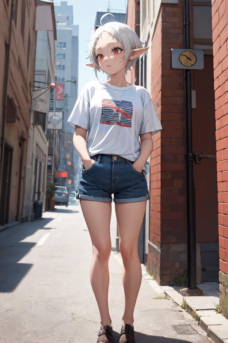 masterpiece, best quality, absurdres, Sylphiette, short hair, ahoge, t-shirt, denim shorts, standing, outdoors, city, hands in pockets, <lora:Sylphiette:1>