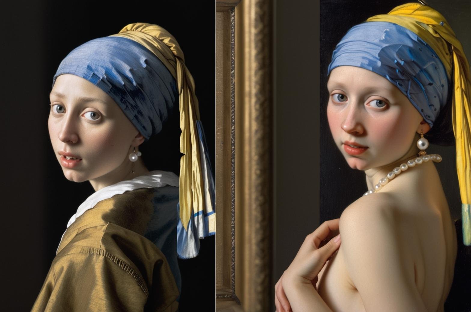 onoff, side-by-side photo, 2 panel, clothed and nude, Vermeer's girl with a pearl earring <lora:onoffxl.23.10.02:1>