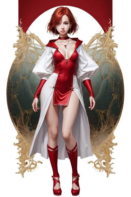 <lora:Whitemage:1>, dr24whitemage dr24whitemage, one eye covered, necklace, closed mouth, jewelry, tiara, collarbone, cleavage, full body, red hair, red choker, bare legs, short dress, short hair, looking at viewer, large breasts, gem, standing on one leg, 1girl, high heels, green eyes, simple background, red footwear, hood down, white background, thighs, floating object, earrings, hand up, wide sleeves, hair over one eye, bangs