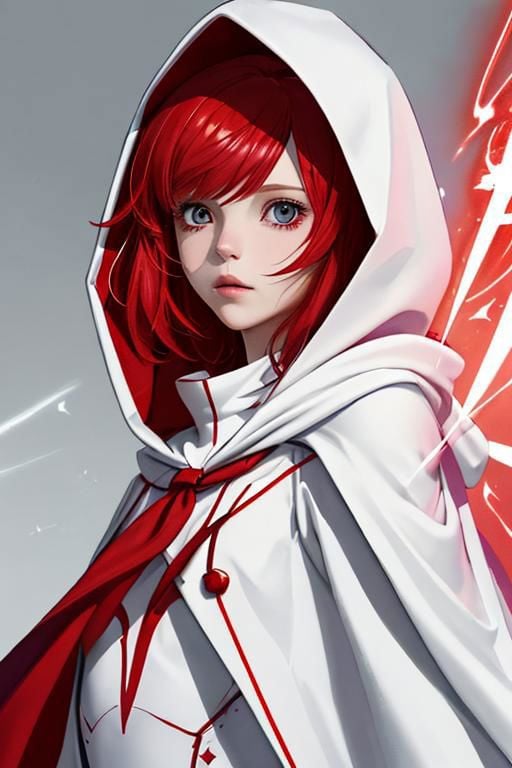 <lora:Whitemage:1>, dr24whitemage, hood up, capelet, red lining