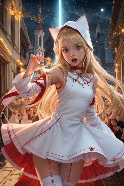 <lora:Whitemage:1>, dr24whitemage, 1girl, open mouth, cat hood, blush, looking at viewer, blonde hair, arm behind back, cat ears, jingle bell, red lining, red hatching, thatching, triangles, emroidery