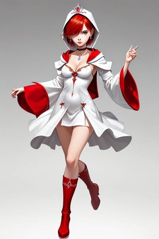 <lora:Whitemage:1>, dr24whitemage,dr24whitemage, one eye covered, necklace, closed mouth, jewelry, tiara, collarbone, cleavage, full body, red hair, red choker, bare legs, short dress, short hair, looking at viewer, large breasts, gem, standing on one leg, 1girl, high heels, green eyes, simple background, red footwear, hood down, white background, thighs, floating object, earrings, hand up, wide sleeves, hair over one eye, bangs