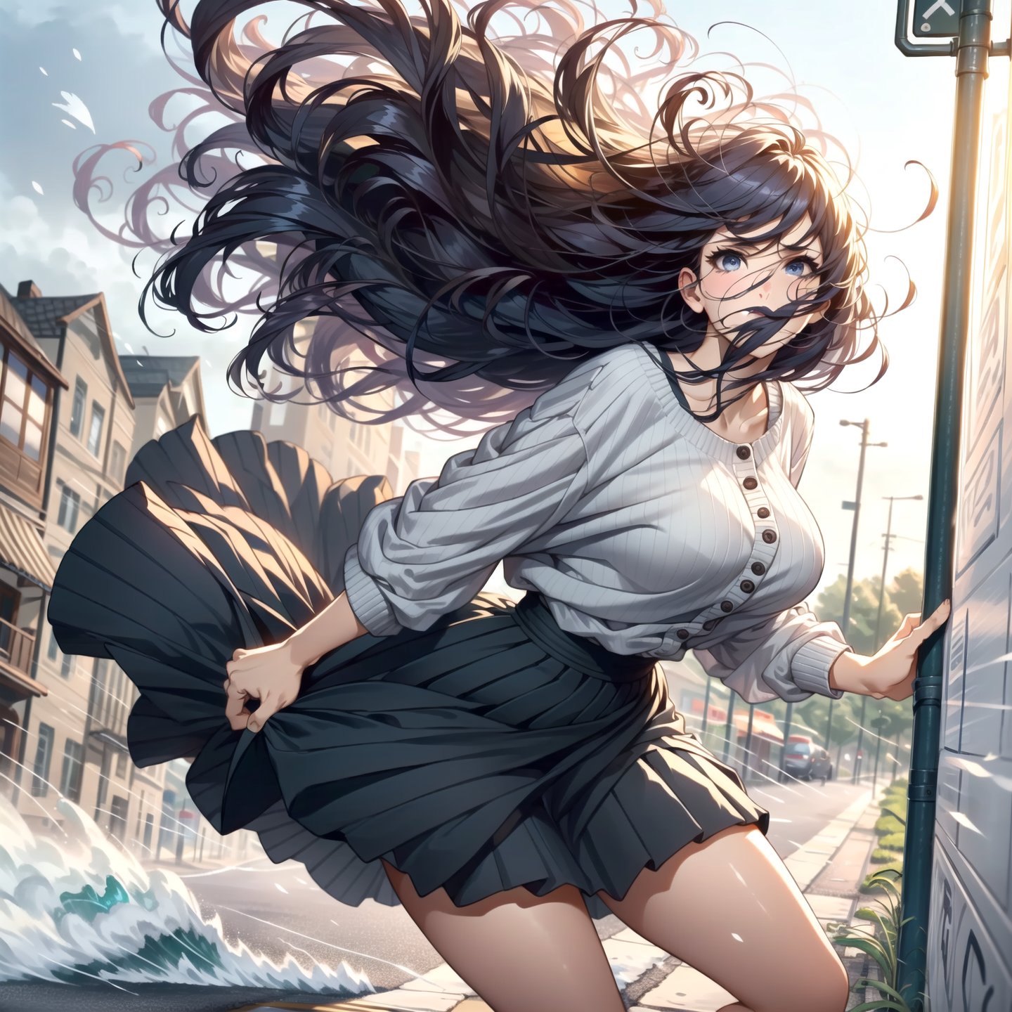 voluptuous woman, loose jumper, long pleated skirt,strong wind, town street,photorealistic