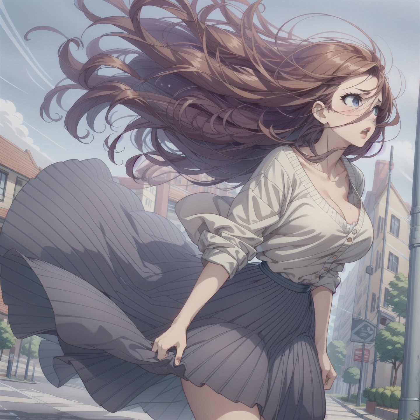 woman, cleavage,loose jumper, long pleated skirt,strong wind, town street