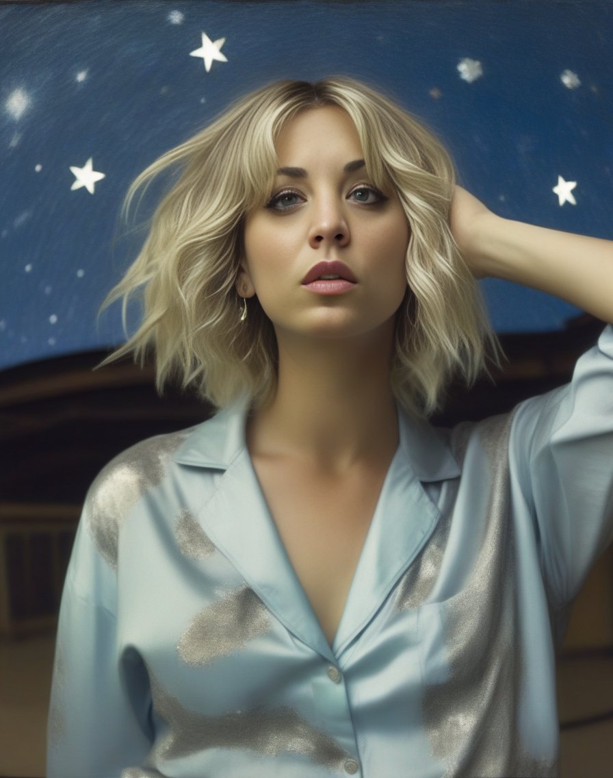 KaleyCuoco, art by Dorothea Sharp, portrait, Hopeless,close up of a Middle Aged Hellenistic Girl, fashion modeling pose, from inside of a Zoo, Silver water, Stars in the sky, equirectangular 360, 50s Art, 35mm, arthouse, <lora:KaleyCuocoSDXL:1>