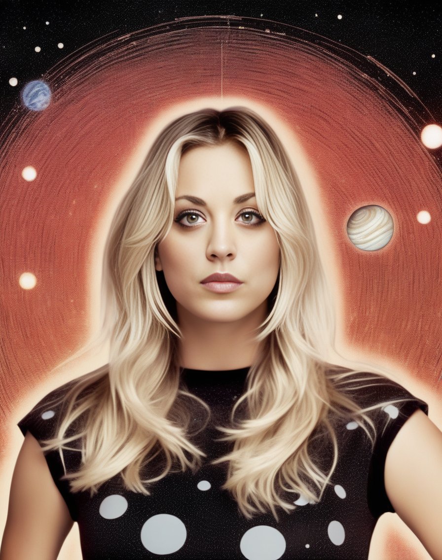 KaleyCuoco, art by Brian Bolland, photograph, Stupid curvy Girl surrounded by Interplanetary magnetic field, Bokeh, Screen print, Queercore Art, film grain, Canon R5, telephoto lens, High quality, <lora:KaleyCuocoSDXL:1>